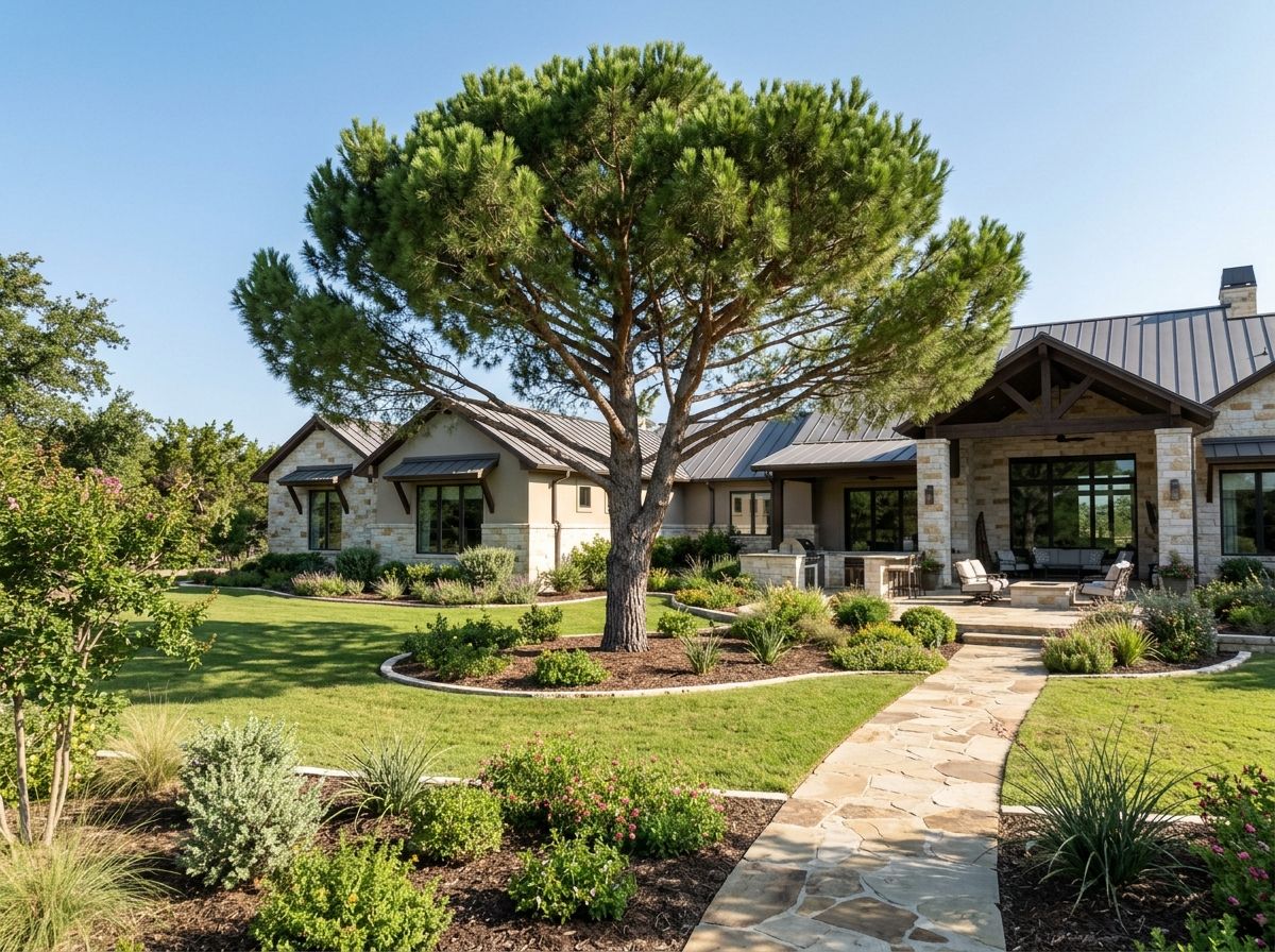 Italian Stone Pine tree with broad umbrella-shaped canopy and dense green needles on a straight trunk.