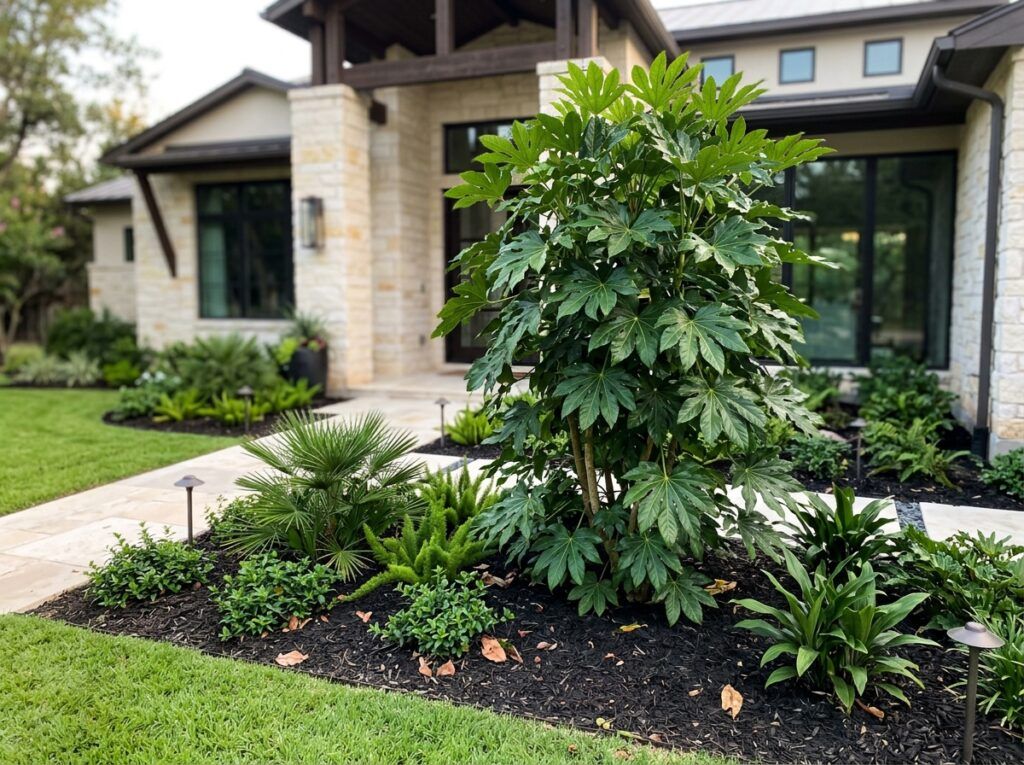 Japanese Aralia shrub in a black nursery pot with large glossy, deeply lobed green leaves.