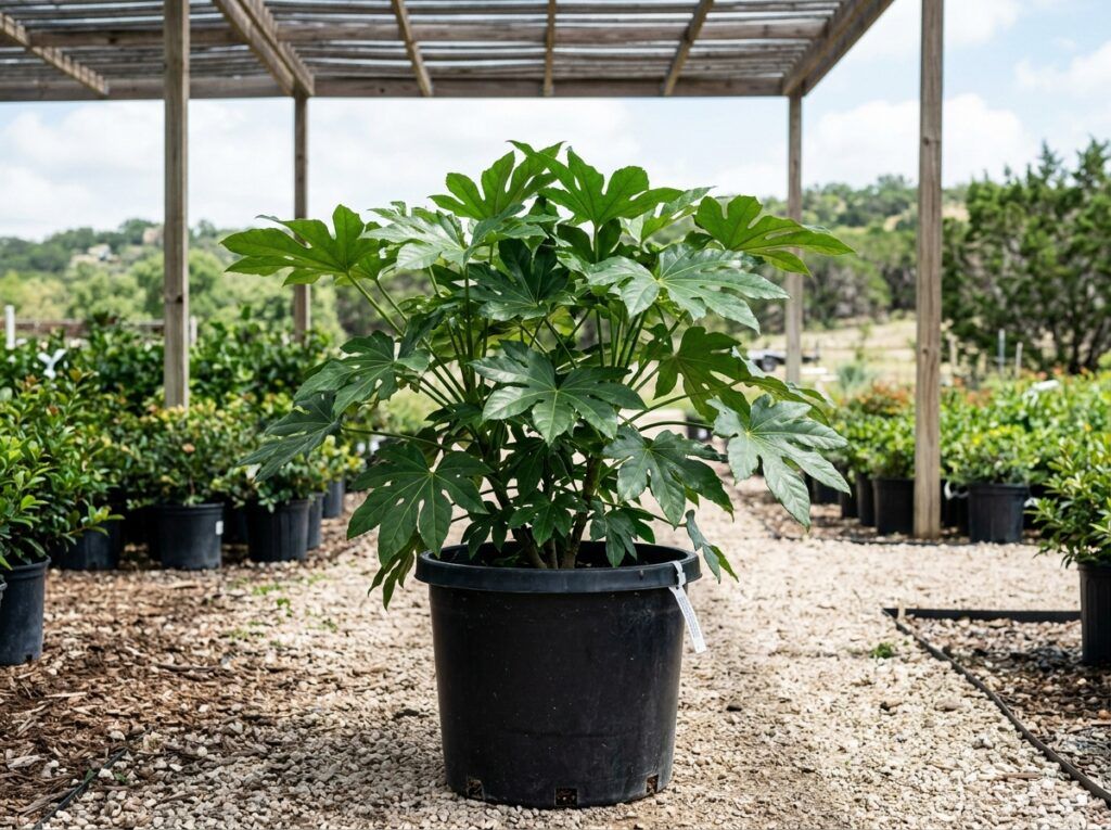 Japanese Aralia shrub in a black nursery pot with large glossy, lobed green leaves.