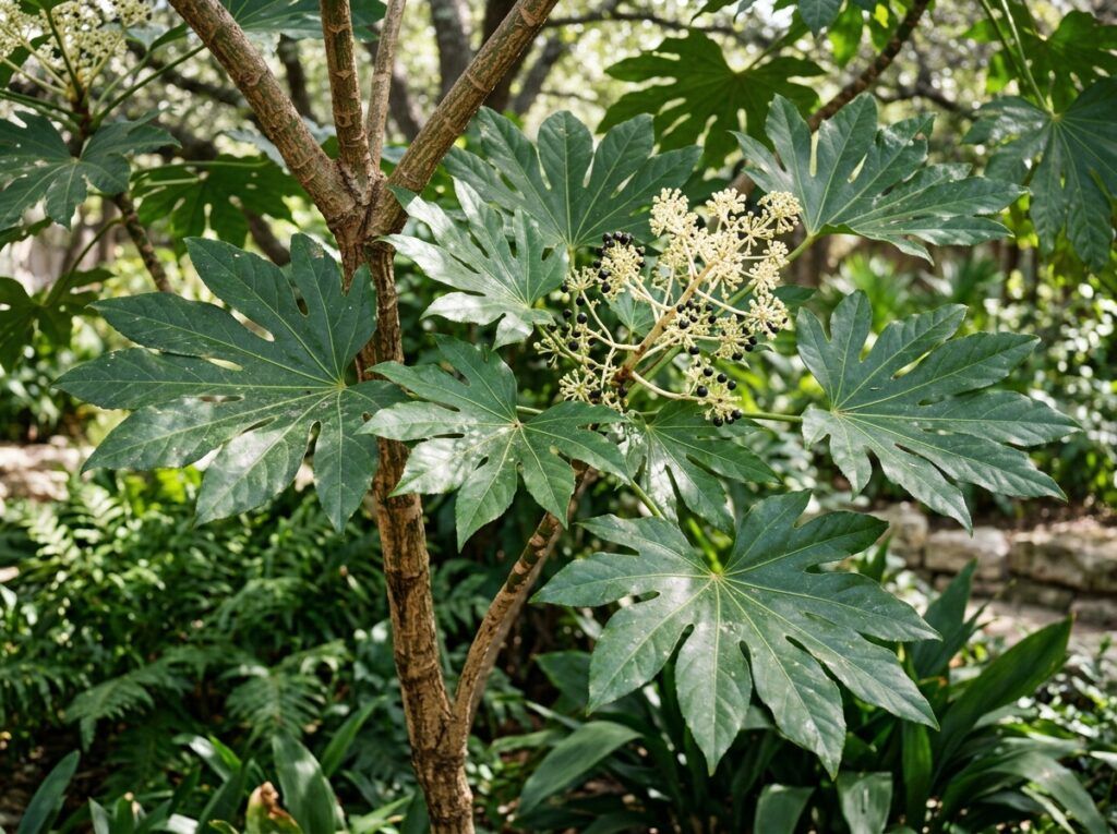 Japanese Aralia shrub in a nursery pot with large glossy, lobed green leaves.
