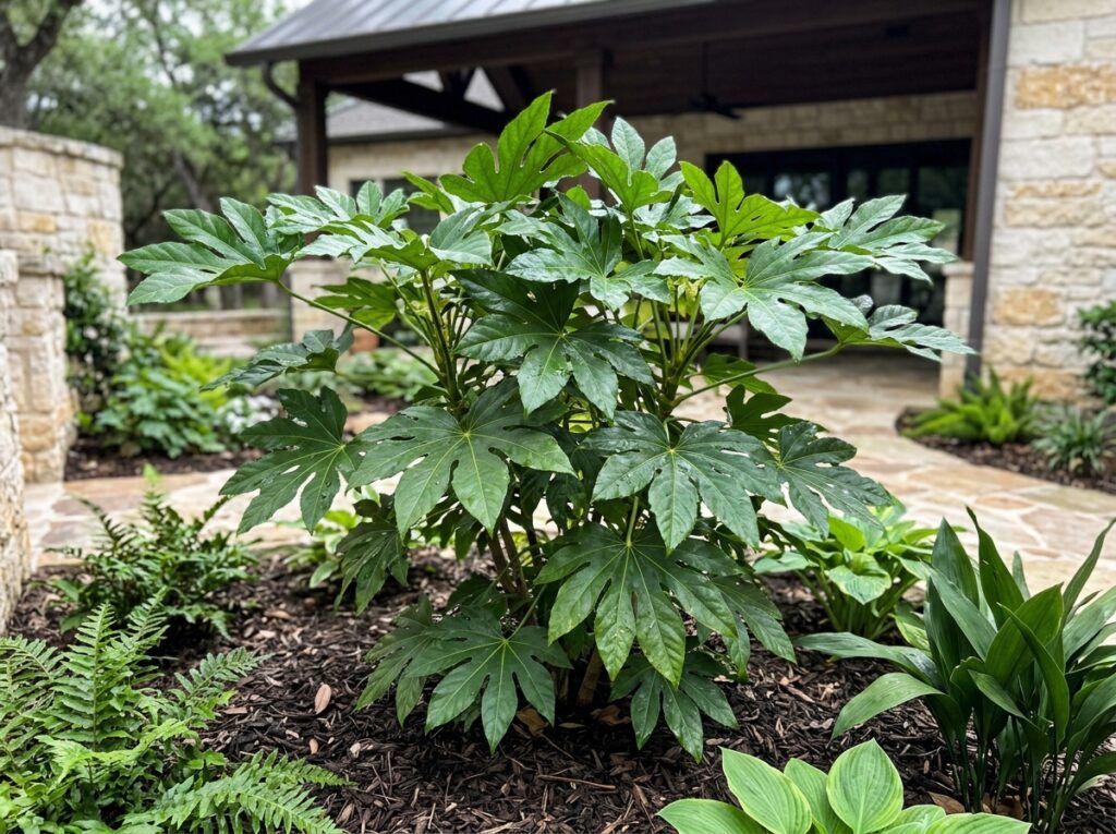 Japanese Aralia shrub with glossy, palmate green leaves in a black nursery pot.