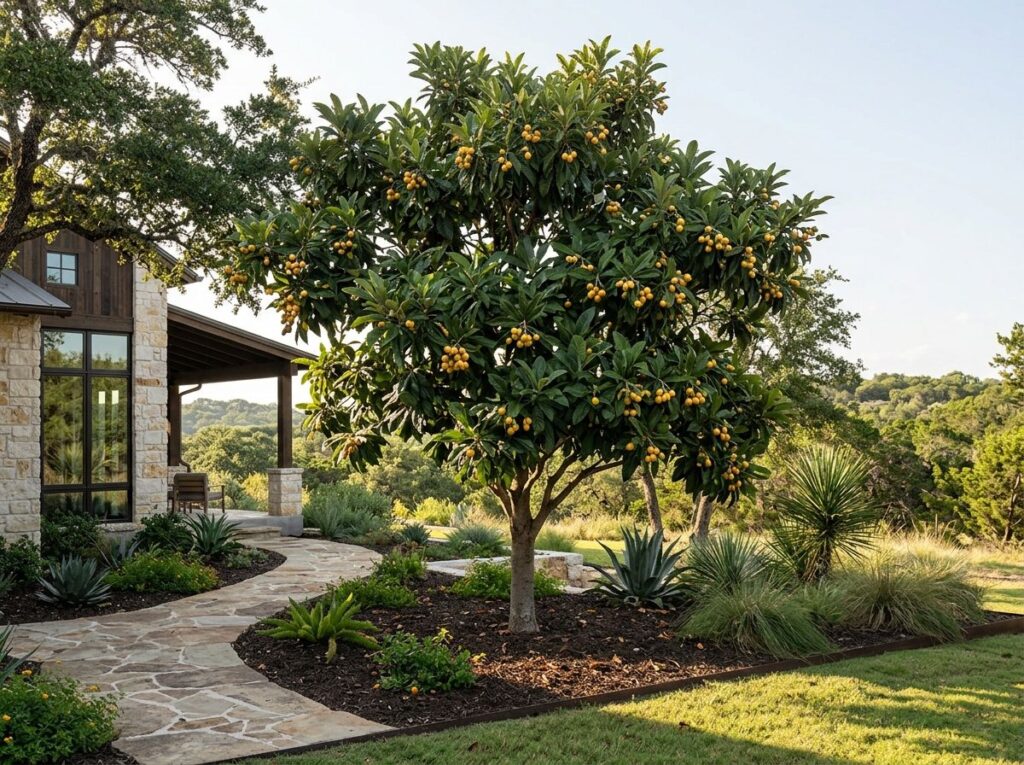 Japanese Loquat tree with dense green foliage in a planted landscape, showing a rounded canopy