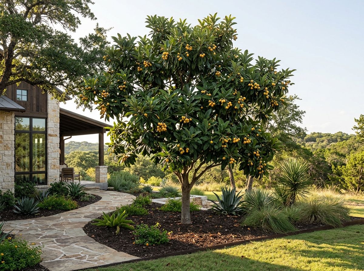 Japanese Loquat tree with dense green foliage in a planted landscape, showing a rounded canopy