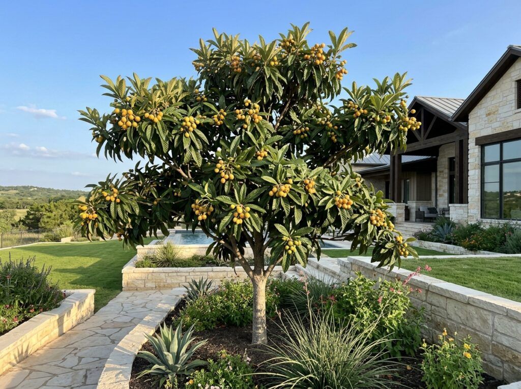 Japanese Loquat tree with glossy green leaves and clusters of yellow-orange fruit on branches.