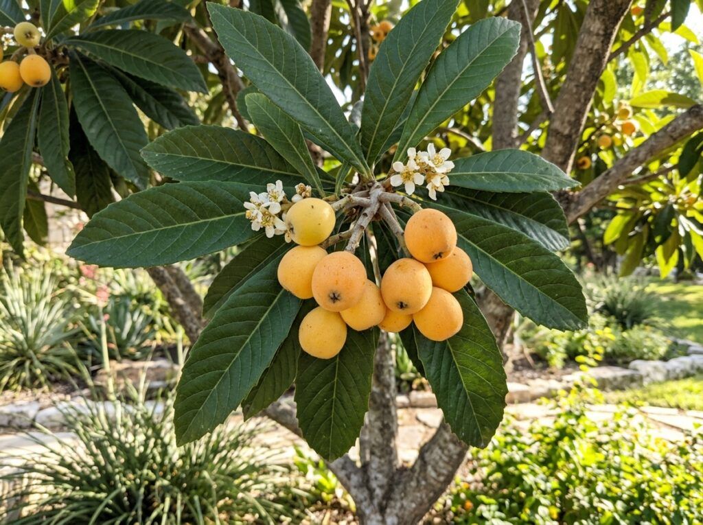 Japanese Loquat tree in a nursery container with dense, glossy green foliage and upright form.
