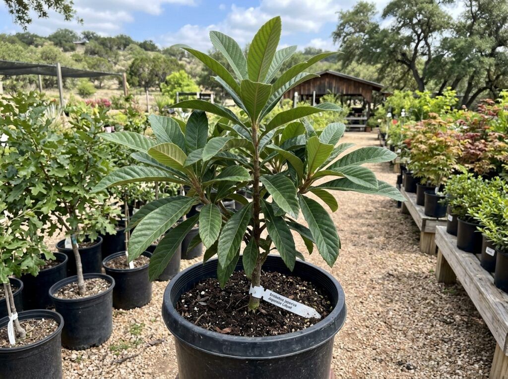 Japanese Loquat tree in a nursery container, glossy green leaves on a young single-stem plant.