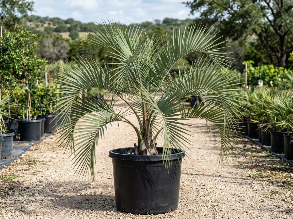 Jelly Palm palm in a black nursery pot with arching feathery green fronds.