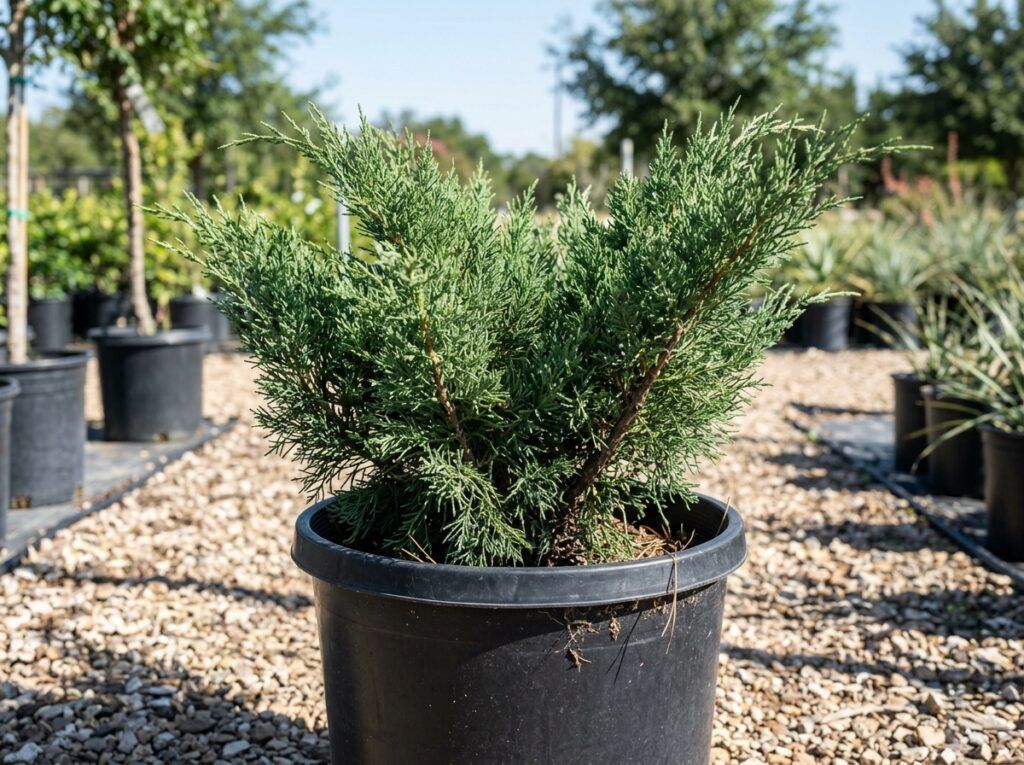 Juniper shrub in a black nursery container with dense, bright green needle-like foliage.