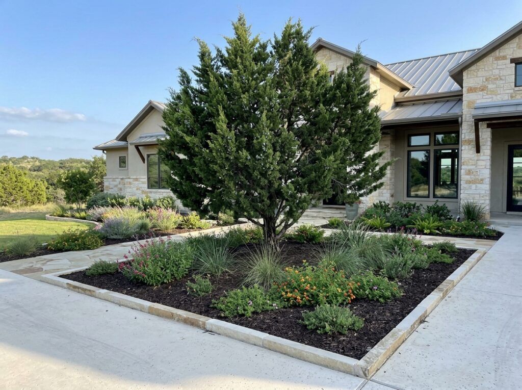 Juniper shrub in black nursery pot with dense green needle foliage.