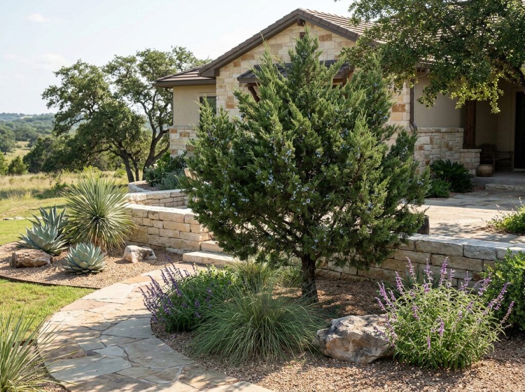 Juniper shrub in a black nursery pot with dense green needle foliage.