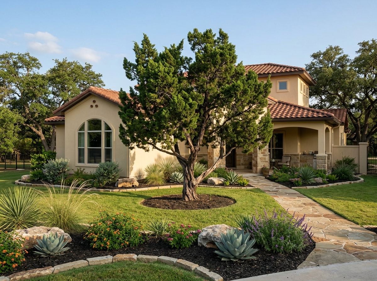 Juniper shrub with dense green foliage planted in a landscaped garden bed beside a stone walkway.
