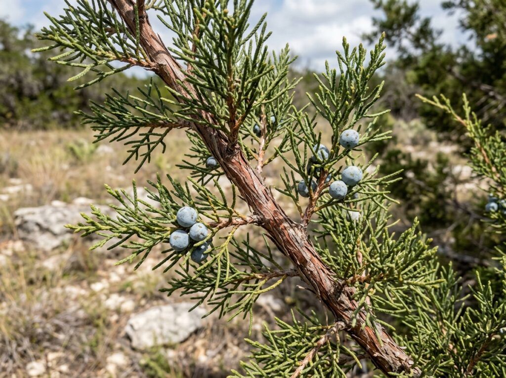 Juniper shrub in a container with dense green foliage.