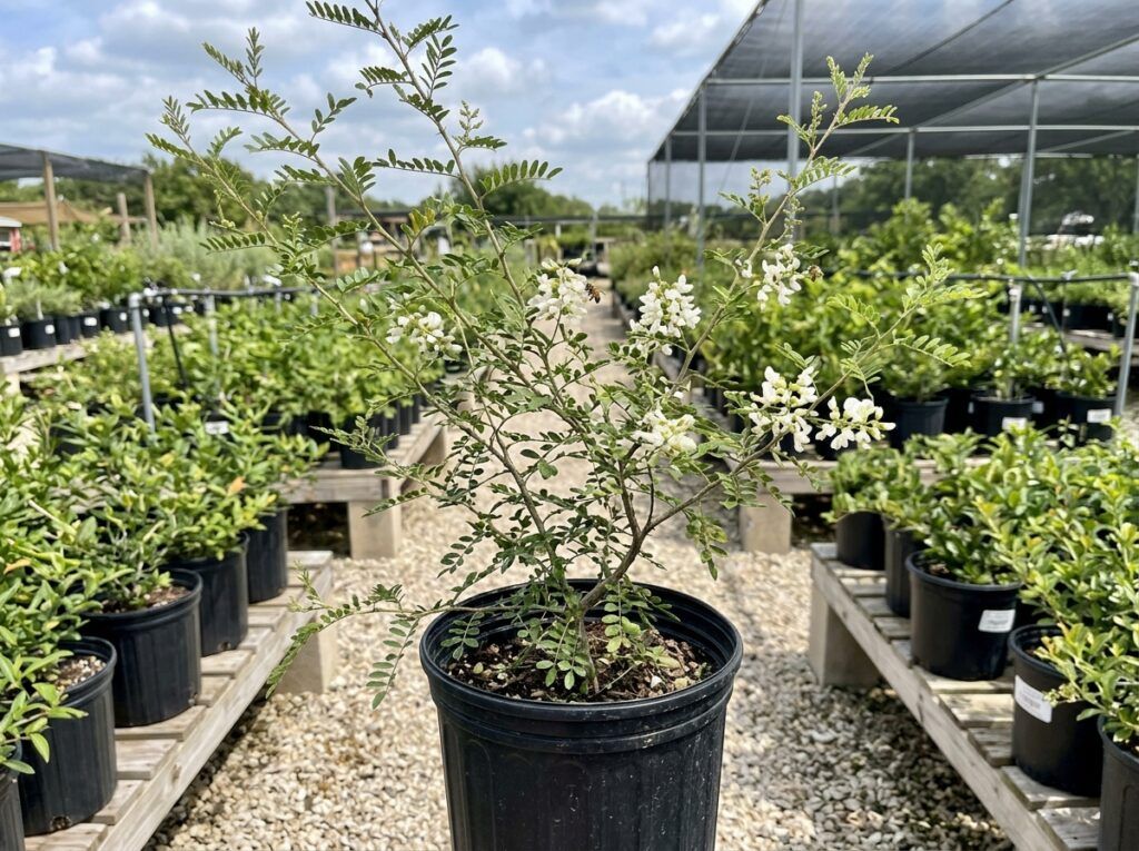 Kidneywood shrub in a nursery pot with airy green foliage on a white background.