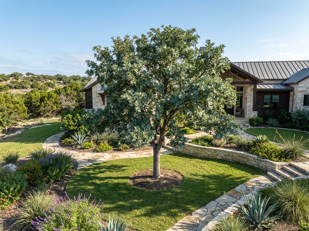 Lacy Oak tree in a landscaped yard, showing a spreading canopy with silvery green foliage.