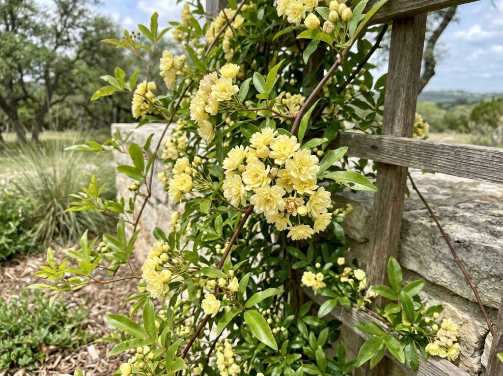 Lady Banksia shrub in a black nursery pot with narrow green leaves and yellow flower spikes.