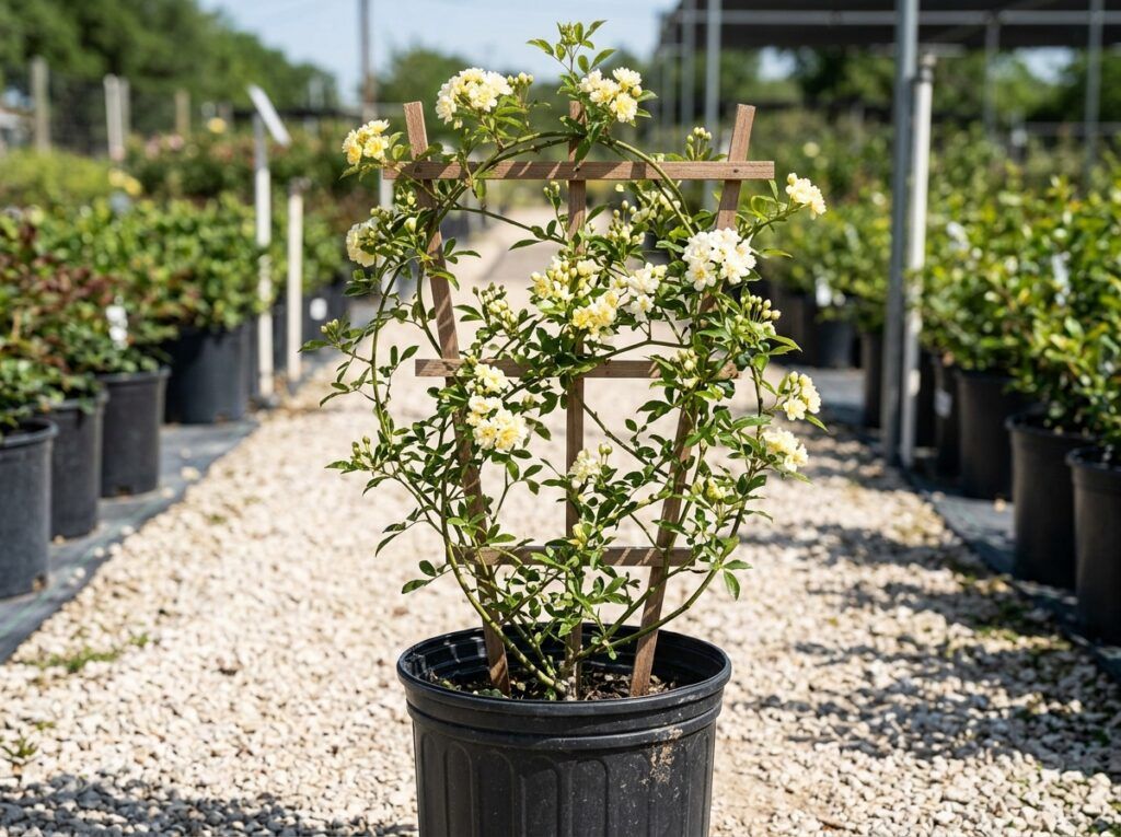 Lady Banksia shrub in a nursery pot with green foliage and yellow flower spikes.