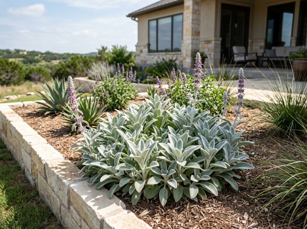 Lambs Ear perennial with soft, silvery fuzzy leaves forming a low clump in a nursery pot.