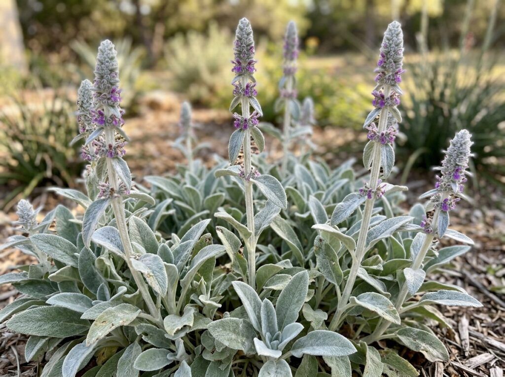 Lambs Ear perennial with soft, silvery fuzzy leaves forming a low clump in the garden.