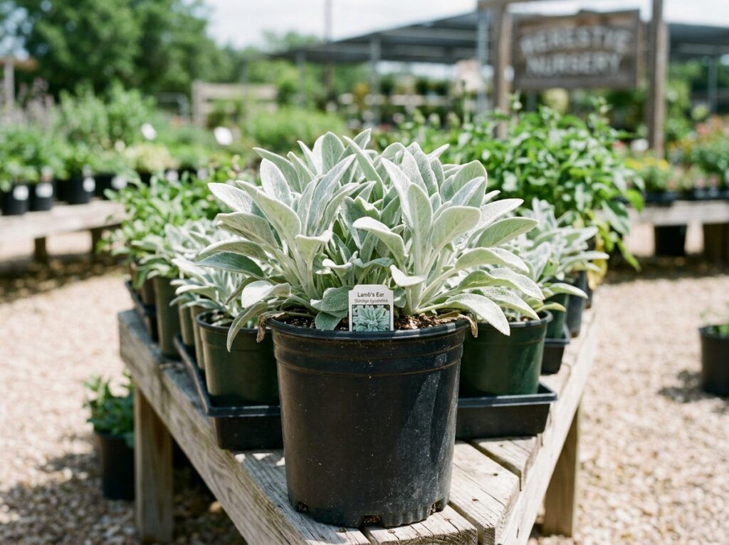 Lamb's Ear perennial with soft, silvery, fuzzy leaves forming a low clump in a garden bed.