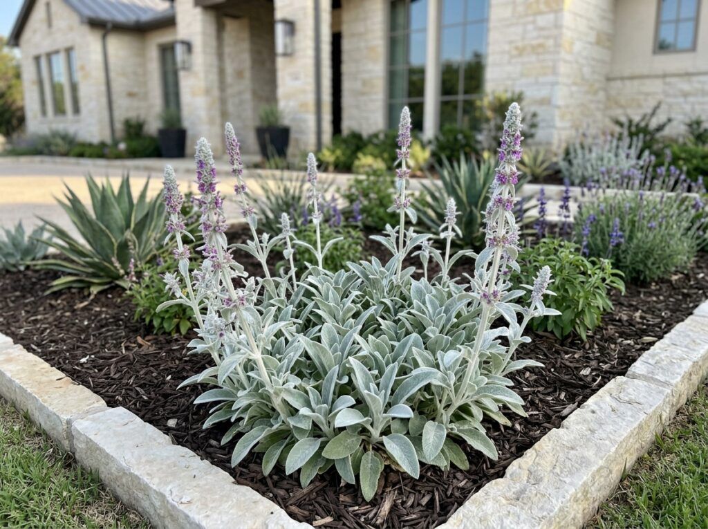 Lamb's Ear perennial with soft, silvery-green fuzzy leaves forming a low, dense clump in the garden.
