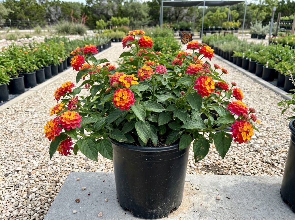 Lantana shrub in a black nursery pot with green foliage and clusters of orange and yellow flowers.
