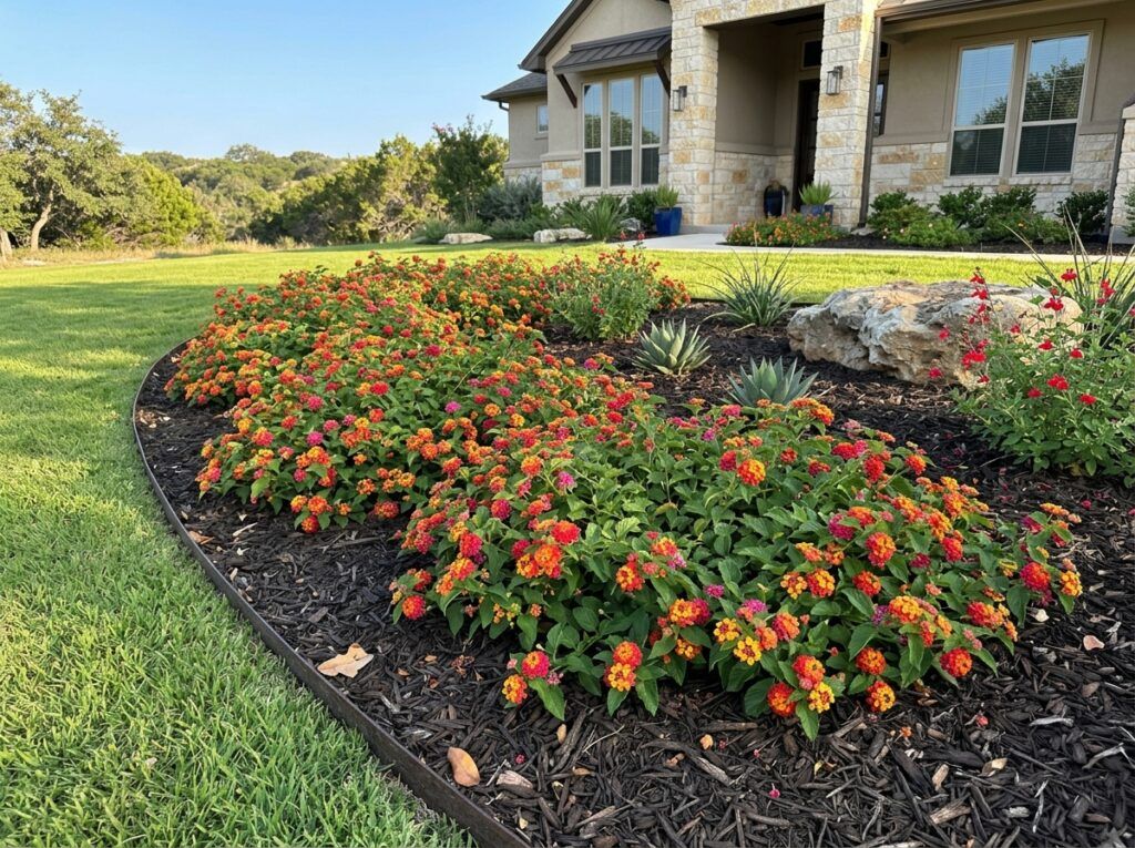 Lantana shrub with bright multicolor flower clusters and green foliage in a black nursery pot.