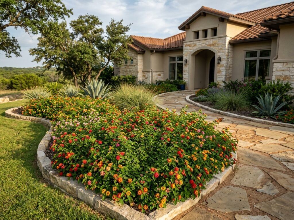 Lantana shrub with clusters of pink, orange, and yellow flowers planted in a mulched landscape bed.