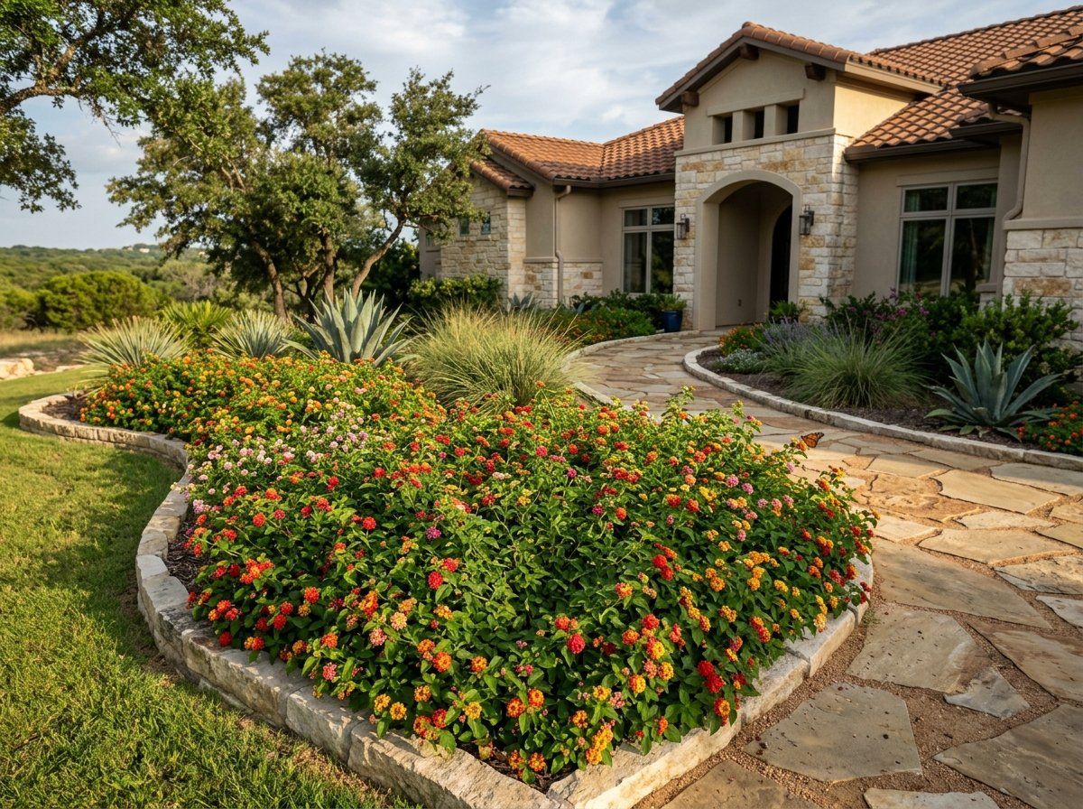 Lantana shrub with clusters of pink, orange, and yellow flowers planted in a mulched landscape bed.