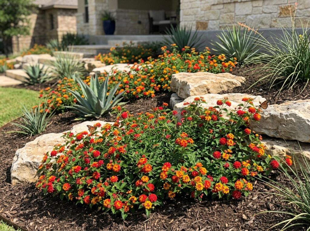 Lantana shrub with dense green foliage and clusters of yellow, orange, and pink flowers in a garden bed