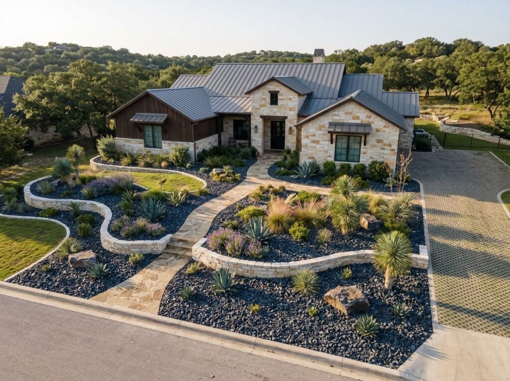 Large Shadow Stone ground cover with dark gray stones spread evenly in a landscaped bed.
