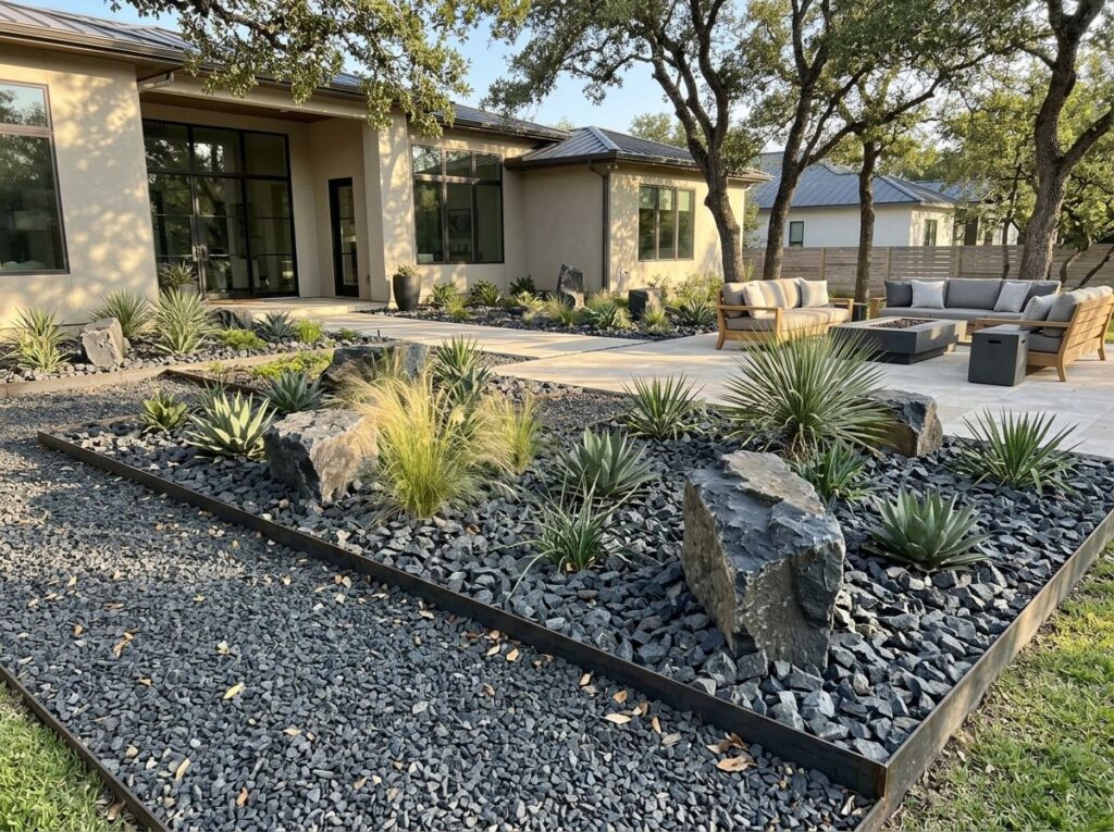 Large Shadow Stone ground cover with dark gray rocks spread in a neat landscape bed around plants.