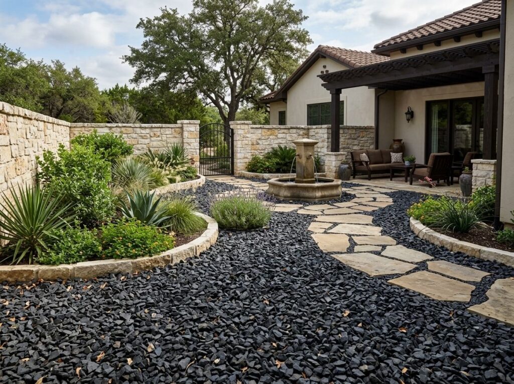 Large Shadow Stone ground cover with dark gray rocks spread evenly around a landscaping bed.
