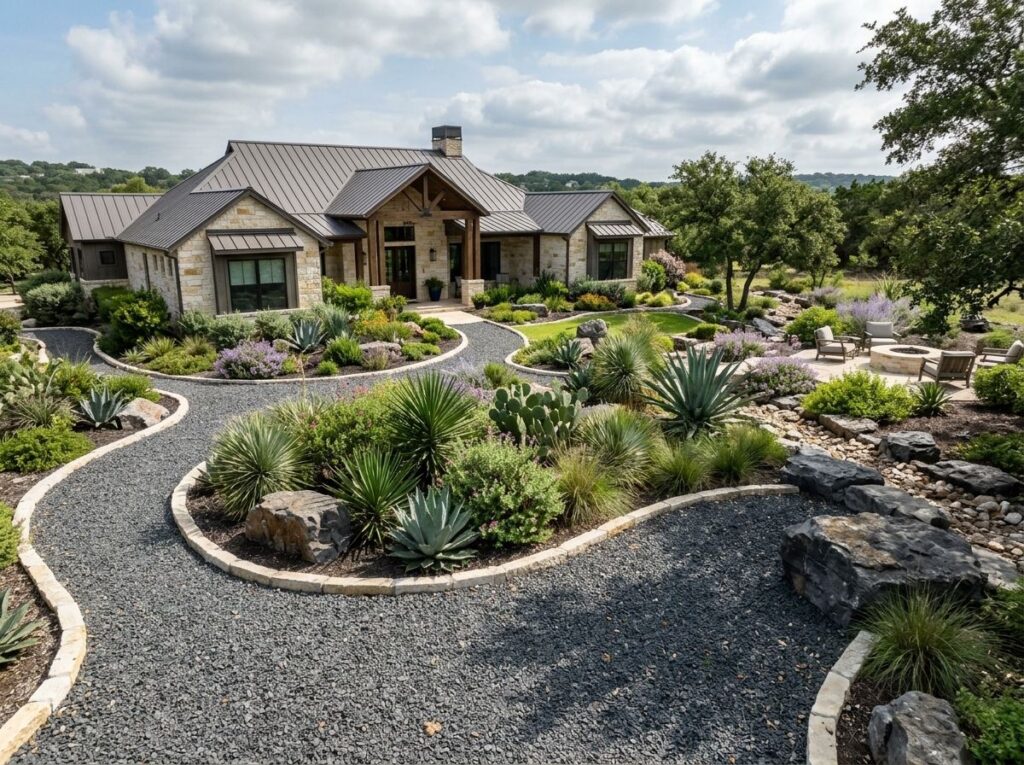 Large Shadow Stone ground cover of dark gray stones spread over a landscape bed around plants.