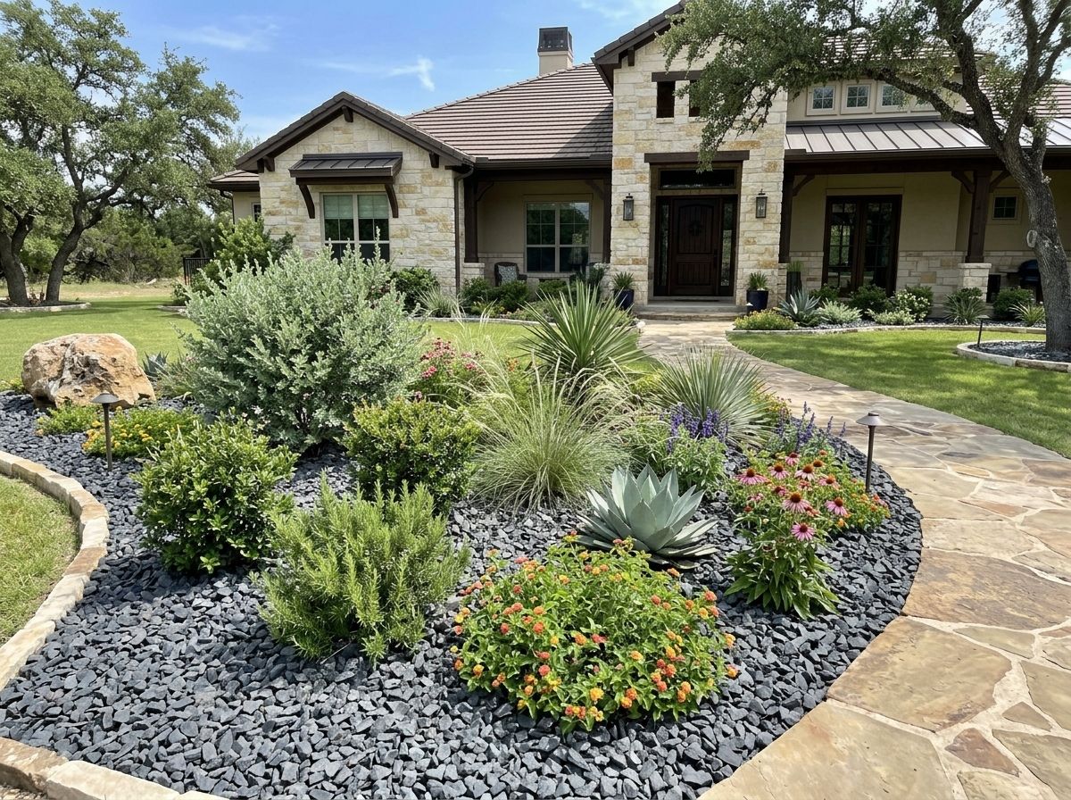 Large Shadow Stone ground cover—dark gray decorative stones spread evenly across a landscaping bed.