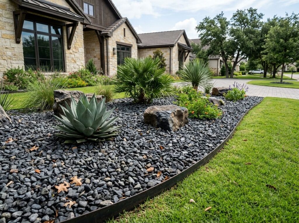 Large Shadow Stone ground cover showing dark gray stones spread in a loose layer for landscaping.