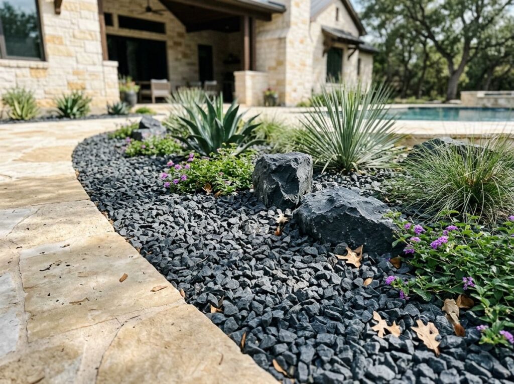 Large Shadow Stone ground cover with dark gray, angular rocks spread in a dense layer.