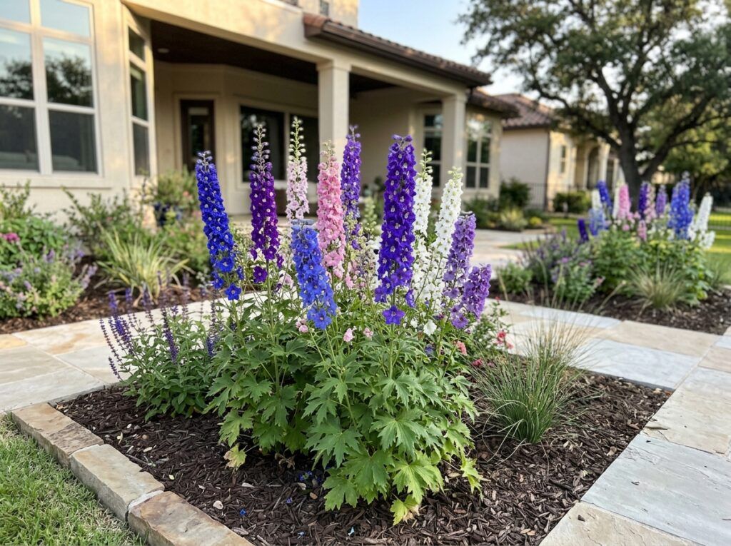 Larkspur perennial with tall blue flower spikes and green foliage in a nursery container.