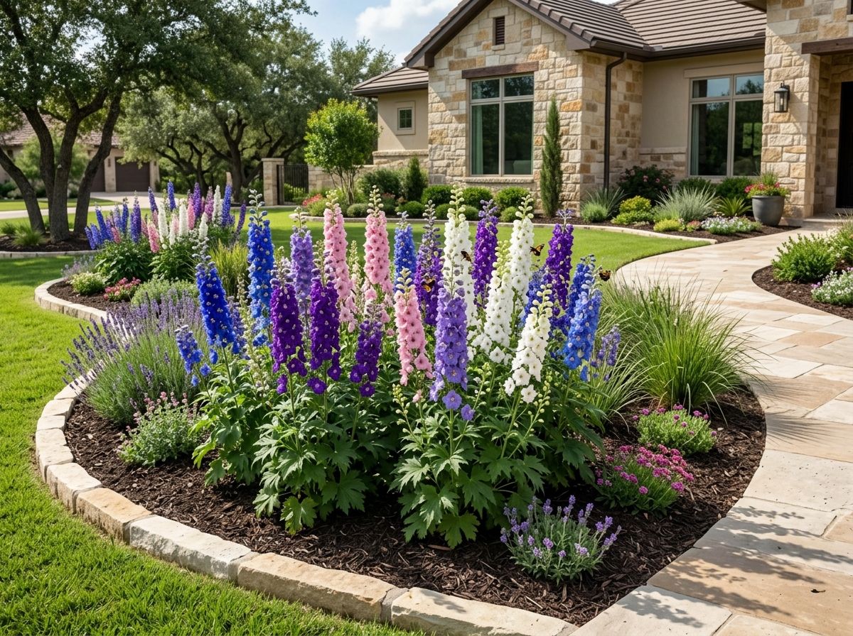 Larkspur perennial with tall blue flower spikes and green foliage growing in a garden bed.