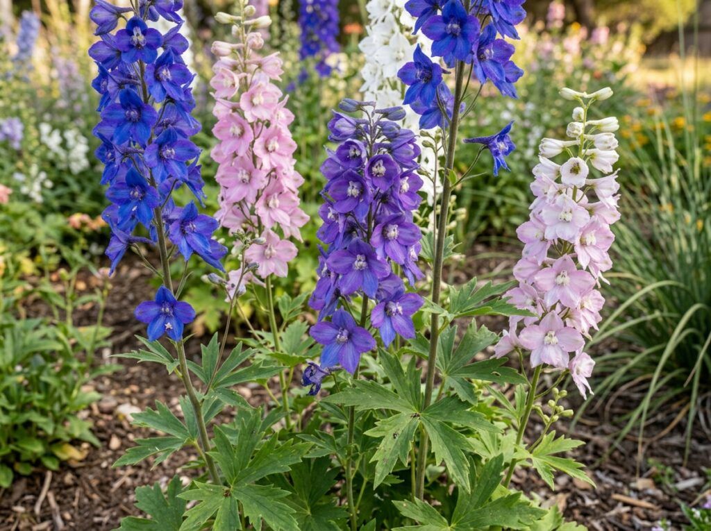 Larkspur perennial with tall blue-purple flower spikes and green foliage in bloom.