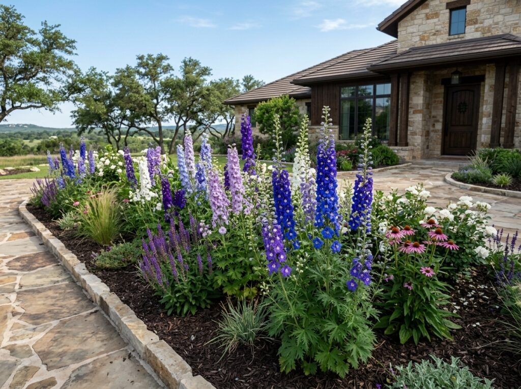 Larkspur perennial with tall blue-purple flower spikes and green foliage in a container.