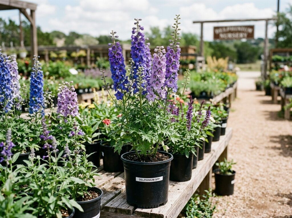 Larkspur perennial with tall purple flower spikes and green foliage in a nursery pot.