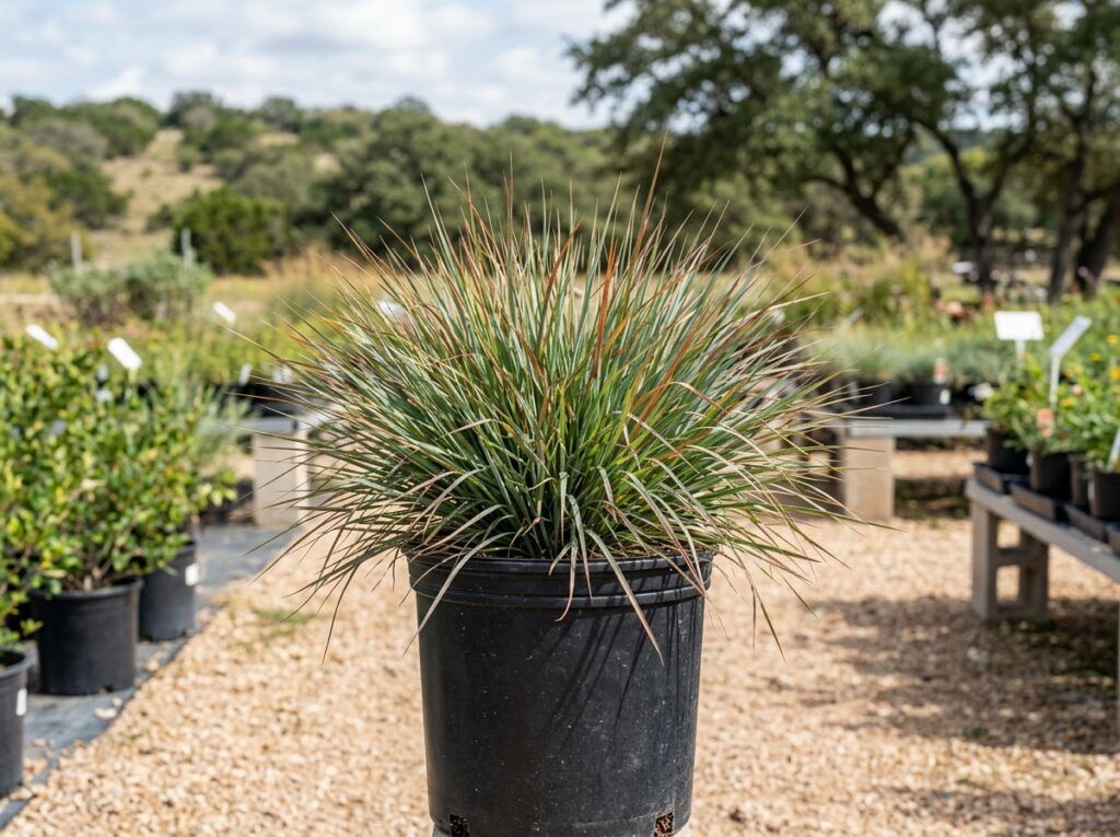 Little Bluestem perennial grass in a black nursery pot with upright blue-green blades and tan seed heads.