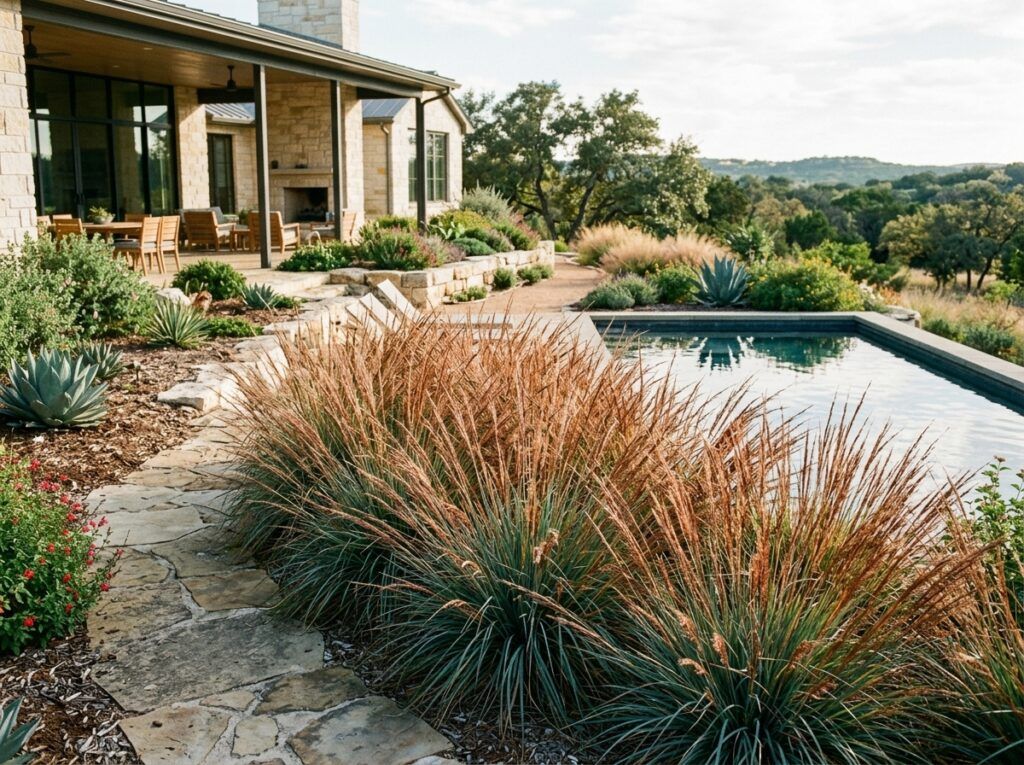 Little Bluestem ornamental grass in bloom, with upright green blades and tan seed heads growing in a garden bed.