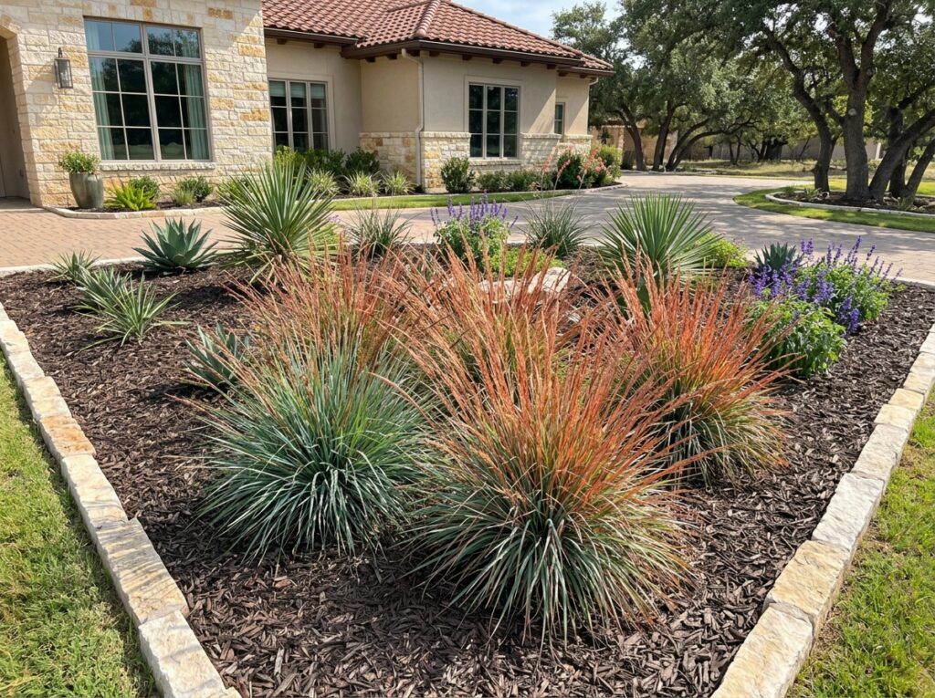 Little Bluestem ornamental grass in a black nursery pot, showing upright blue-green blades and tan seedheads.