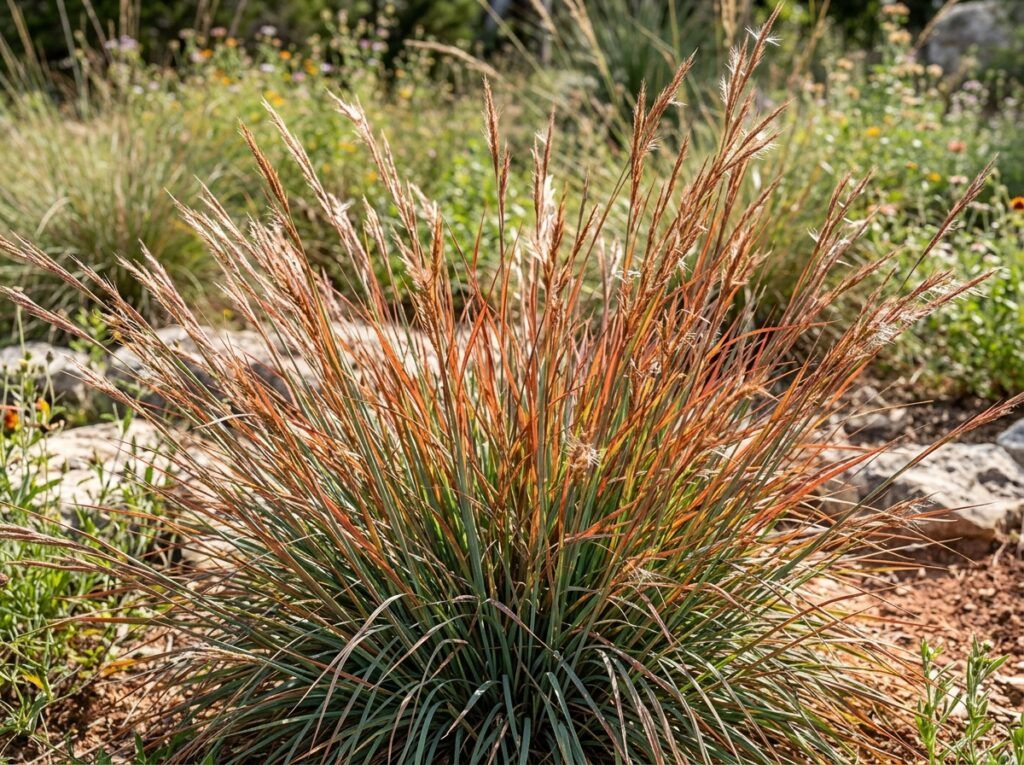 Little Bluestem ornamental grass in a black nursery pot, showing a dense clump of blue-green blades and tan seedheads.