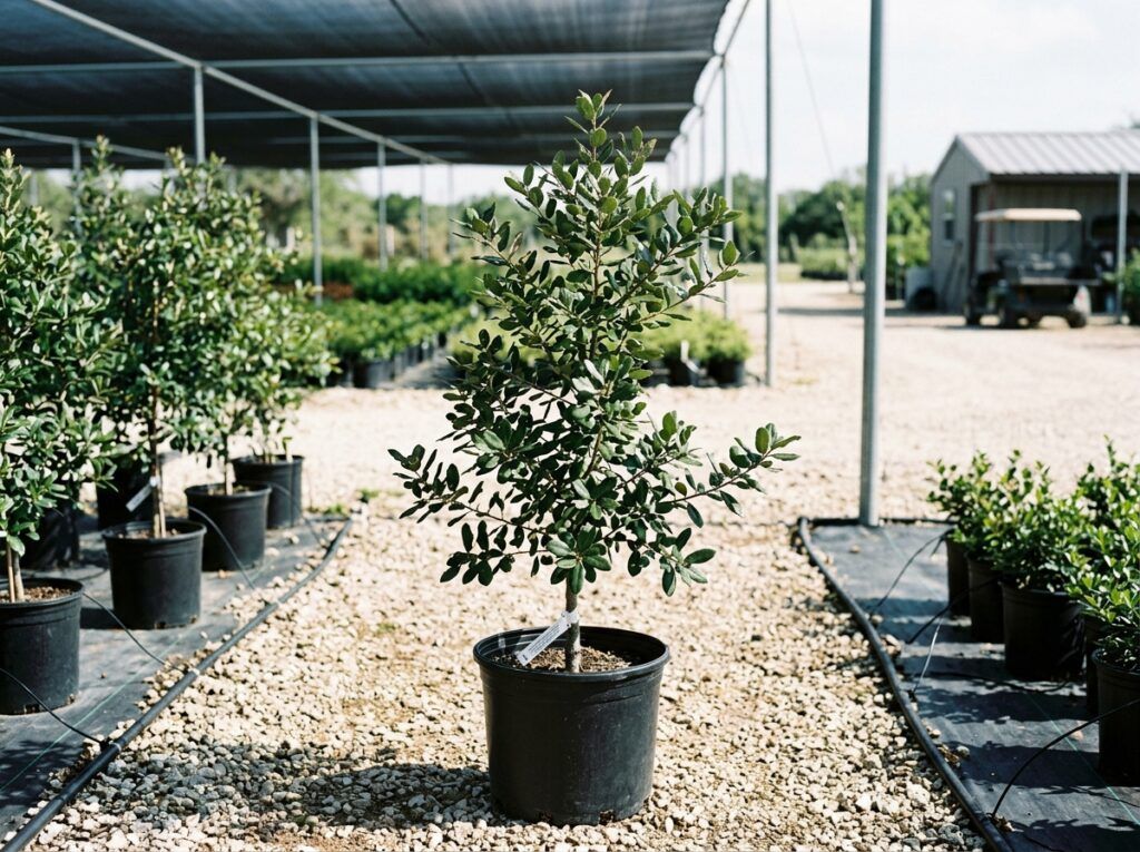 Live Oak tree in a black nursery container with dense green foliage.