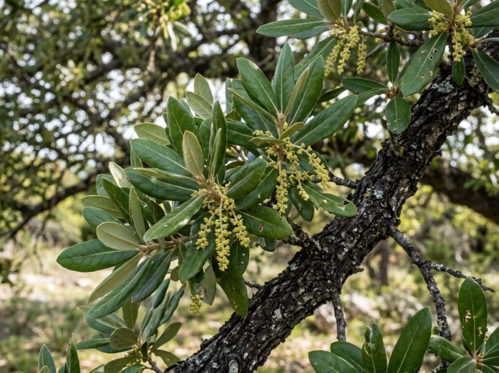 Live Oak tree in a black nursery pot with a dense green canopy on a white background.