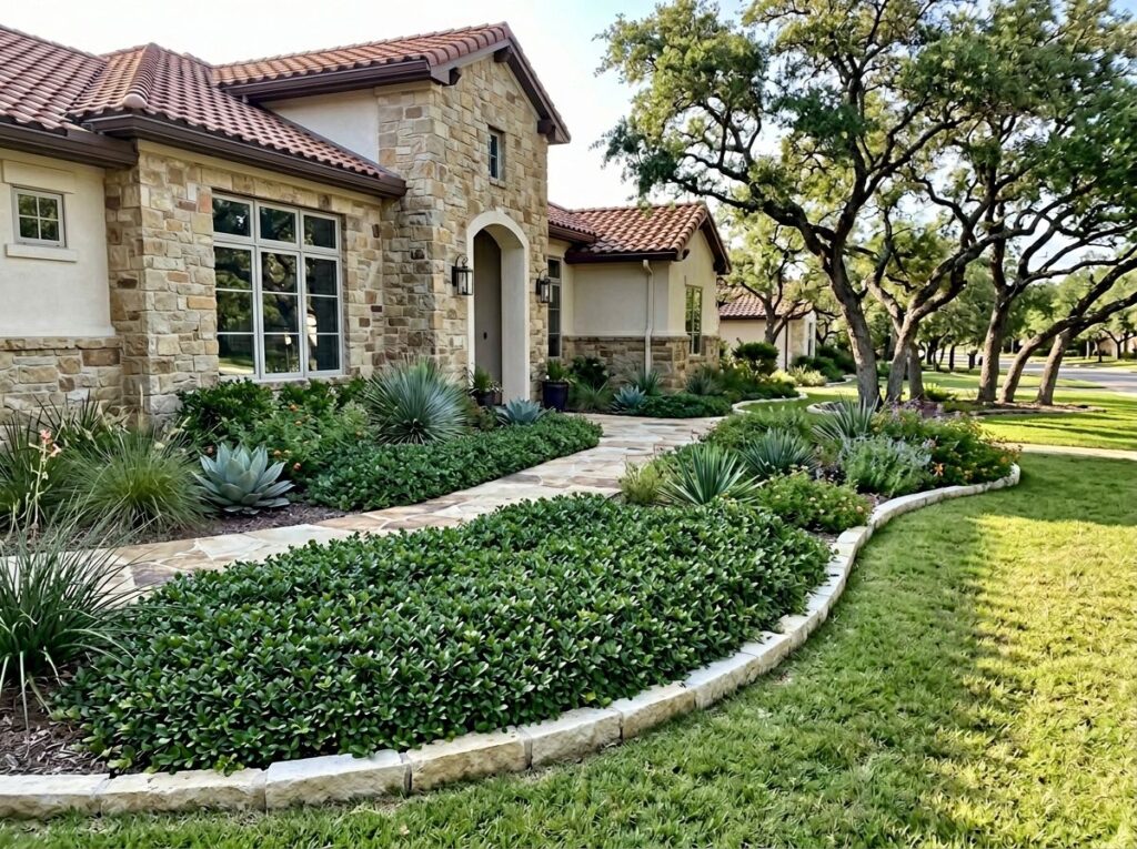 Live Oak tree with wide, spreading canopy and dense green foliage growing in a landscaped yard.