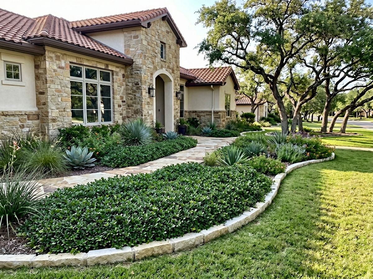 Live Oak tree with wide, spreading canopy and dense green foliage growing in a landscaped yard.