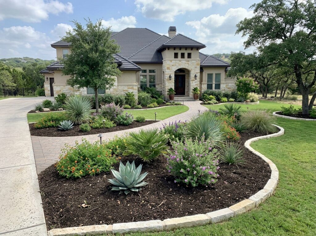 Living Mulch ground cover of low green plants filling a landscaped bed around stones and shrubs.